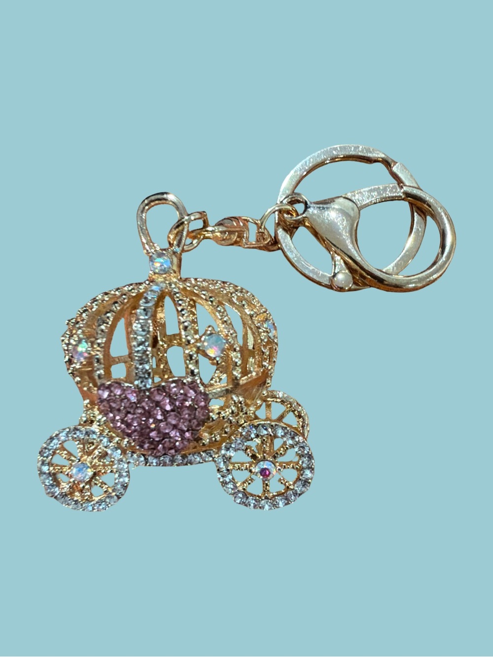 Gold-tone Pink Crystal Carriage Keychain
